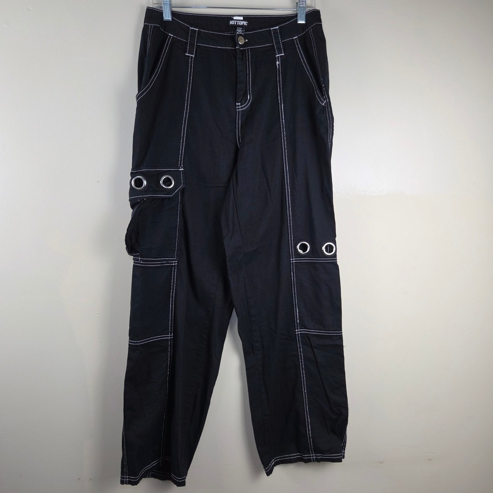 Hot Topic Black Contrast Stitch Grommet Cargo Pants Wide Leg Mall Goth Womens 7